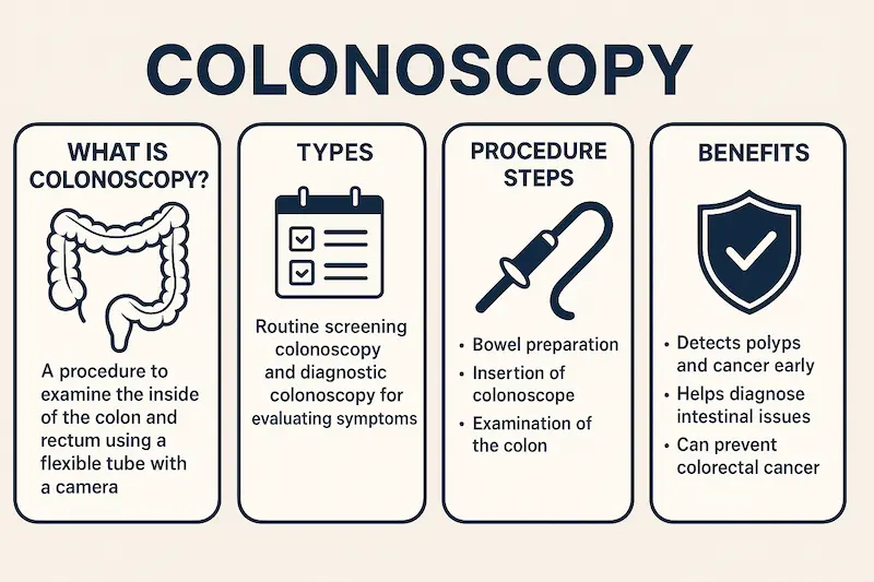 Инфографика, отвечающая на вопрос "Что такое колоноскопия?", и описывающая ее типы, этапы процедуры и преимущества.
