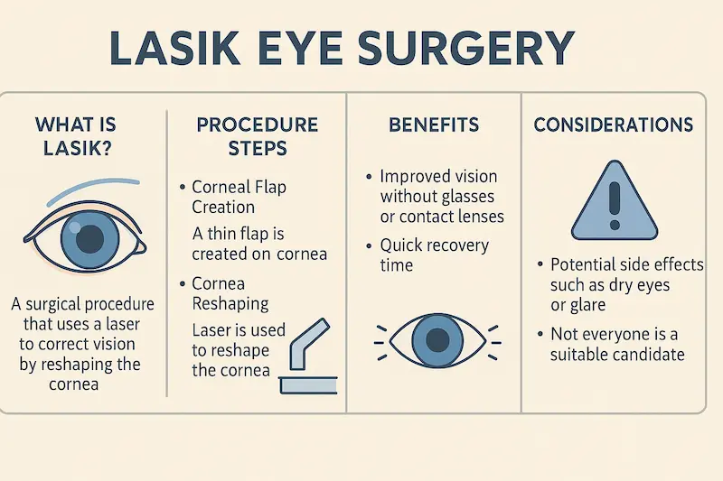 Инфографика, отвечающая на вопрос "Что такое ЛАСИК?", и описывающая этапы процедуры, ее преимущества и риски.