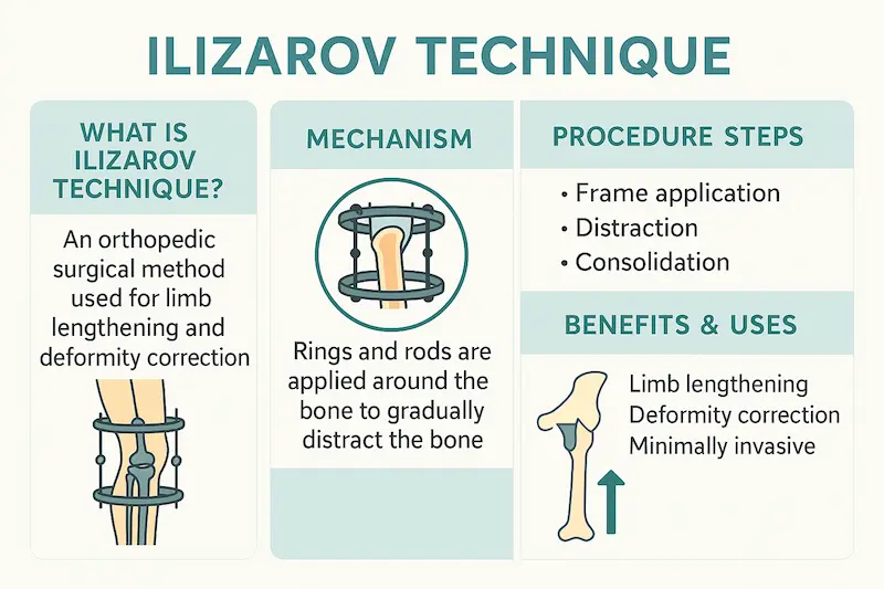 Что такое метод Илизарова: инфографика, объясняющая механизм, этапы и преимущества использования аппарата Илизарова.
