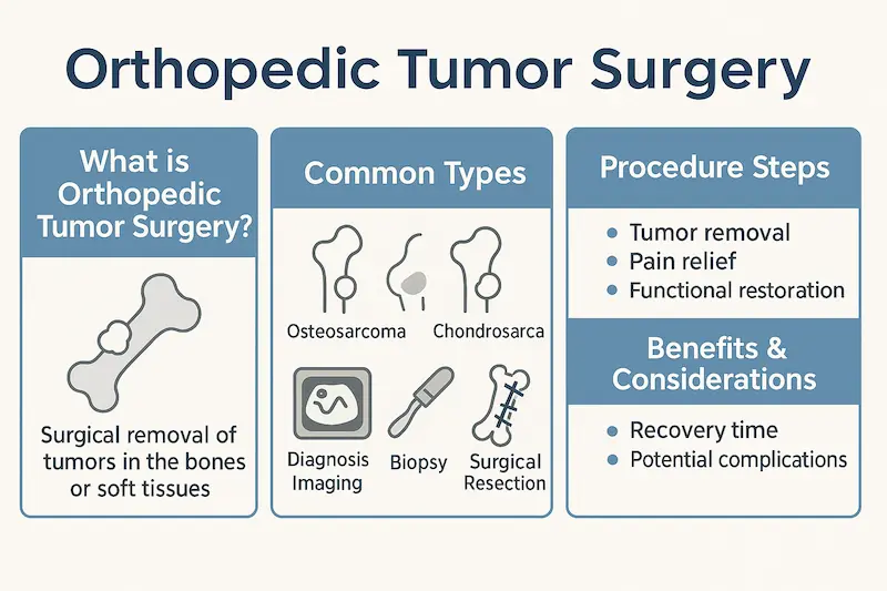 Что такое ортопедическая онкохирургия: инфографика, объясняющая типы, этапы и преимущества операций.