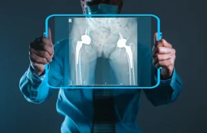 Эндопротезирование тазобедренного сустава в Турции: врач показывает рентгеновский снимок с установленными протезами.