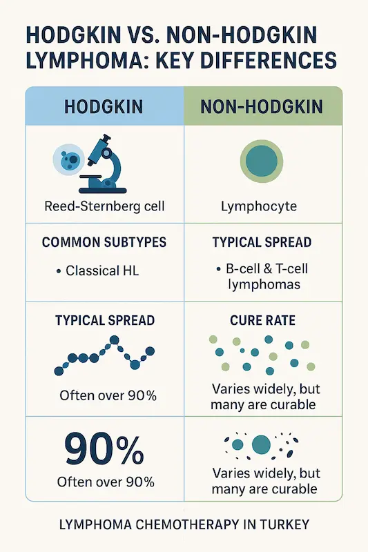 Сравнение лимфомы Ходжкина и неходжкинской лимфомы: инфографика, показывающая ключевые различия в типе клеток и прогнозе.