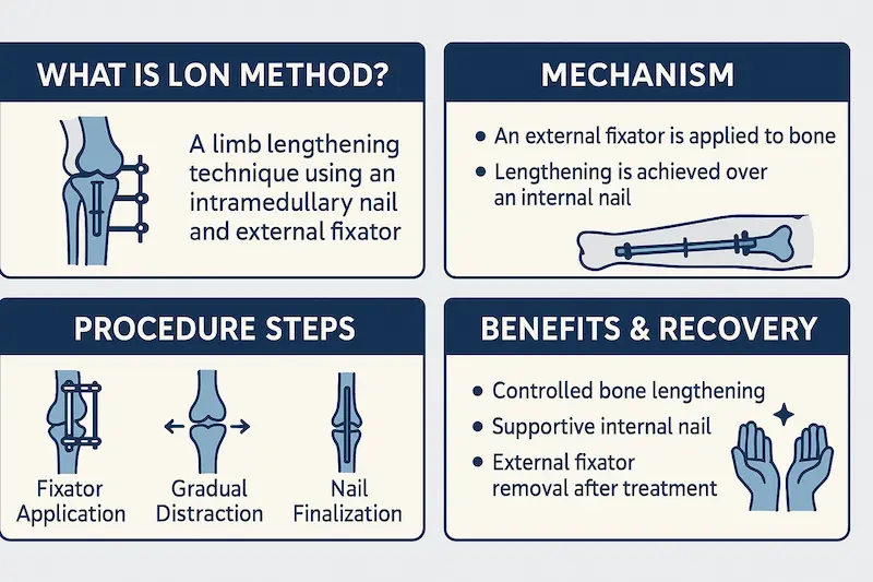 Метод удлинения поверх стержня (LON): инфографика, объясняющая механизм, этапы и преимущества этой техники.